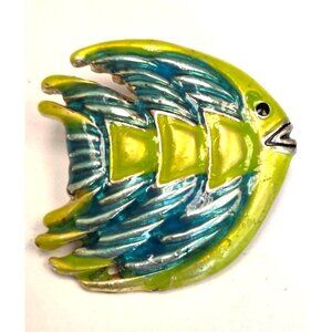 Vintage Fish Brooch Pin Green & Blue Enamel Gold Tone Metal